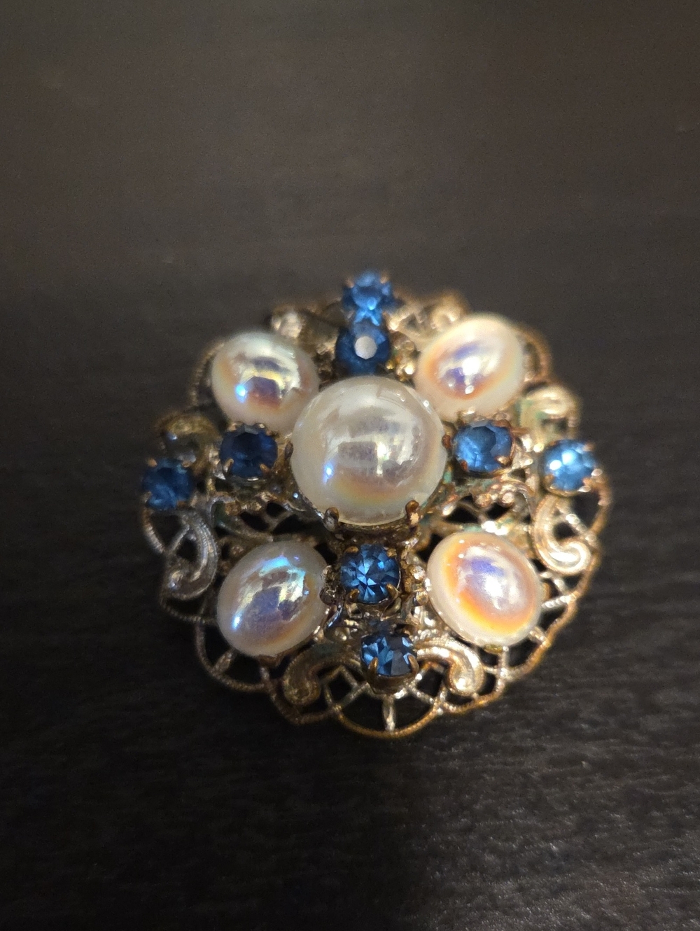 Vintage Faux Pearl and Blue Crystal Filigree Brooch - Unbranded